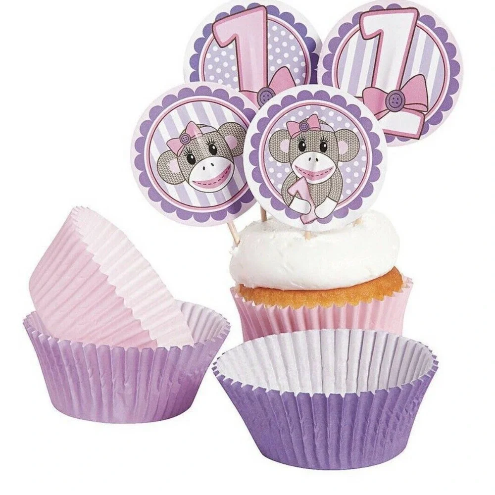 MISS SOCK MONKEY 50 BAKING CUPS & PICKS BIRTHDAY CHILD Kids Socko PARTY
